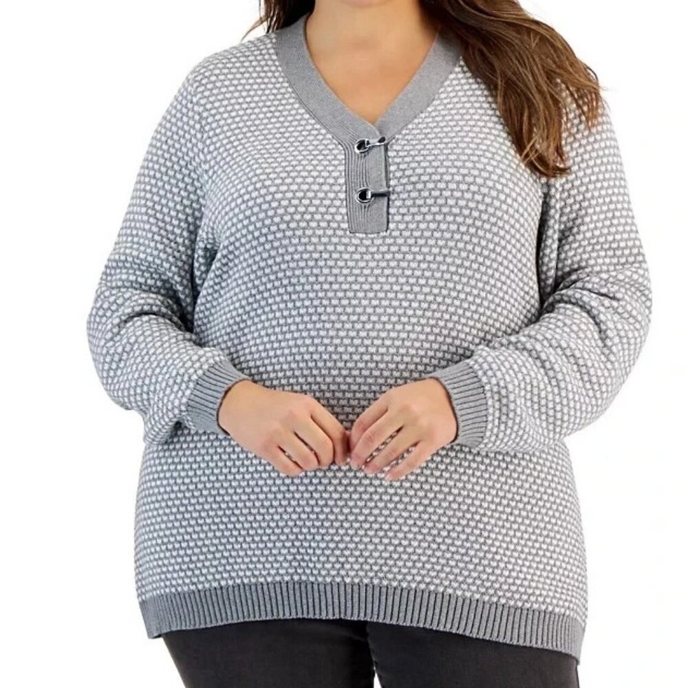 Karen Scott Women's Plus Size 100% Cotton Knit Henley Pullover Sweater, Gray, 1X